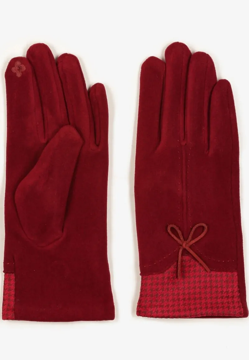 Bordowe Rękawiczki z Bawełną Cyrkoniami i Kokardką Adelirra