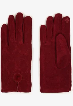 Bordowe Rękawiczki z Bawełną Ozdobione Pomponem i Rozcięciem Zinnaletha