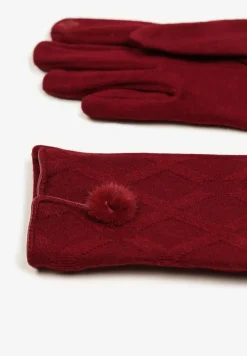 Bordowe Rękawiczki z Bawełną Ozdobione Pomponem i Rozcięciem Zinnaletha