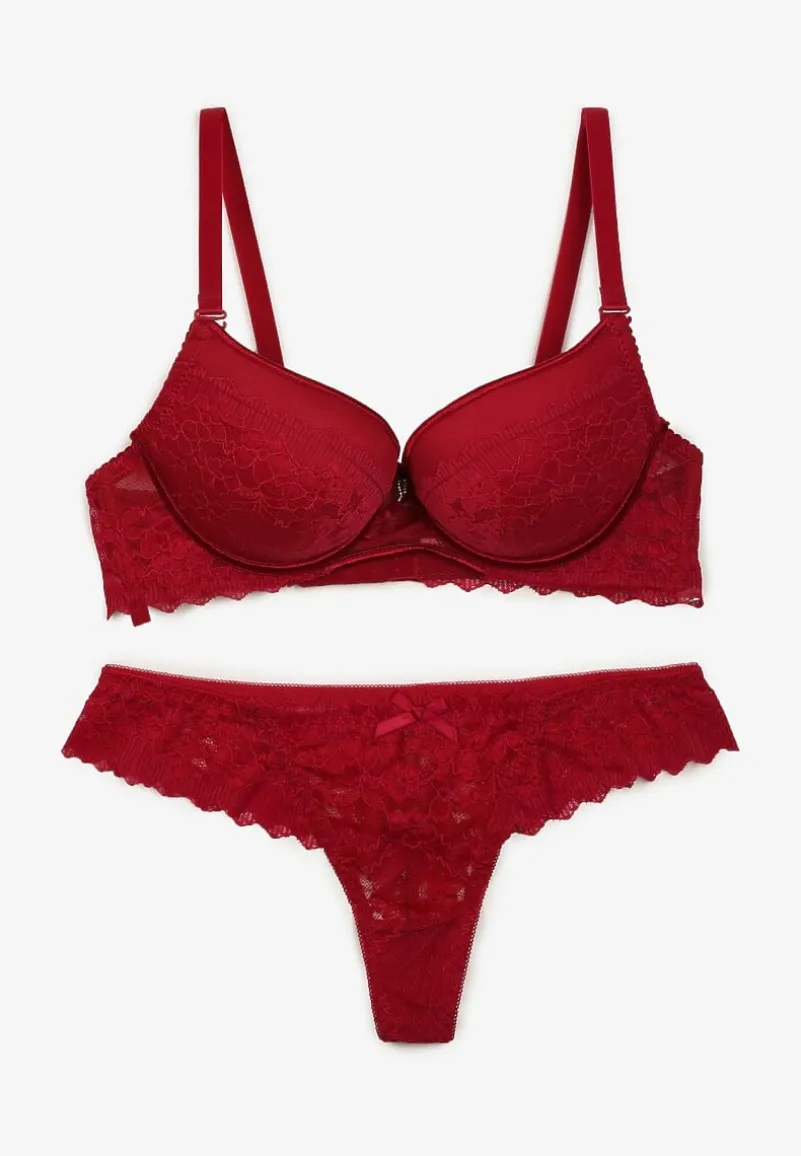 Bordowy Koronkowy Komplet Bielizny Biustonosz Usztywniony Push Up i Stringi Jasminesa