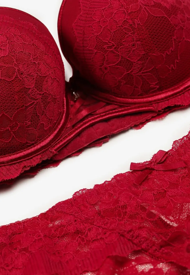 Bordowy Koronkowy Komplet Bielizny Biustonosz Usztywniony Push Up i Stringi Jasminesa