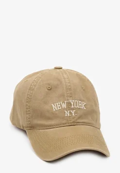 Brązowa Czapka z Daszkiem w Bawełny Zdobiona Napisem w Stylu Haftu Reioni