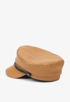 Brązowa Czapka z Daszkiem Kaszkiet z Imitacji Skóry z Ozdobnym Łańcuszkiem Raraya