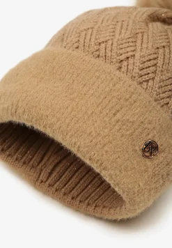 Brązowa Czapka z Wiskozą Metaliczną Nicią i Pomponem Berira