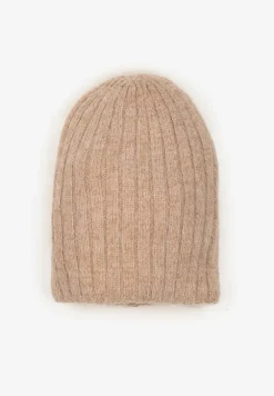 Brązowa Czapka z Wiskozy w Stylu Beanie z Prążkowanego Materiału Enandira