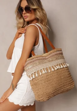 Brązowa Jednokomorowa Duża Torebka w Stylu Boho Ozdobiona Frędzlami Rivanete