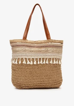 Brązowa Jednokomorowa Duża Torebka w Stylu Boho Ozdobiona Frędzlami Rivanete