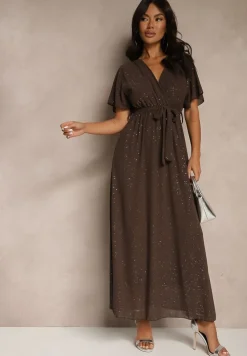 Brązowa Koktajlowa Brokatowa Sukienka z Paskiem Addlea