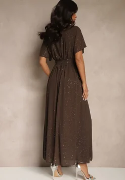 Brązowa Koktajlowa Brokatowa Sukienka z Paskiem Addlea