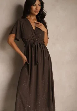 Brązowa Koktajlowa Brokatowa Sukienka z Paskiem Addlea