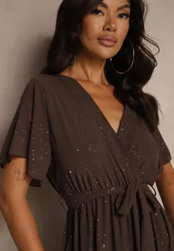 Brązowa Koktajlowa Brokatowa Sukienka z Paskiem Addlea