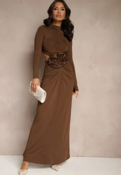 Brązowa Koktajlowa Sukienka z Wiskozą Ozdobiona Kwiatem 3D i Wycięciami Hannith