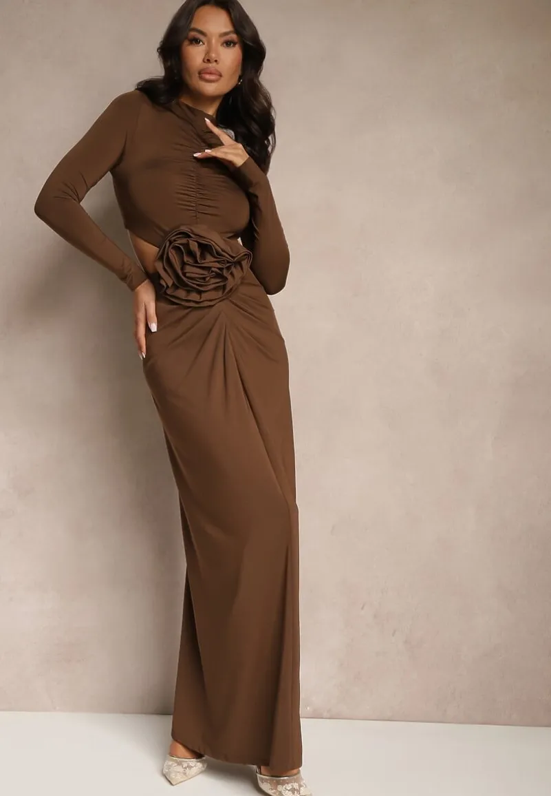 Brązowa Koktajlowa Sukienka z Wiskozą Ozdobiona Kwiatem 3D i Wycięciami Hannith