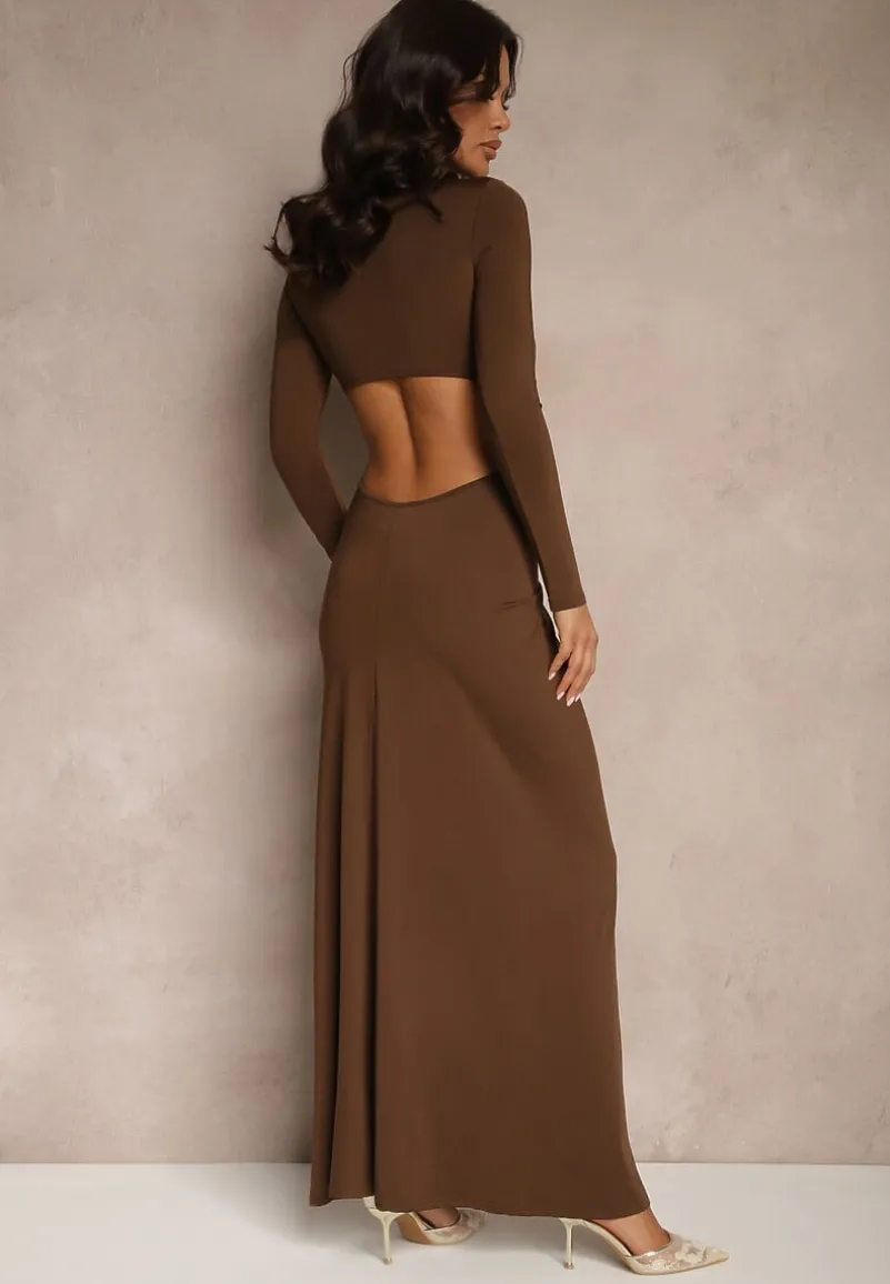 Brązowa Koktajlowa Sukienka z Wiskozą Ozdobiona Kwiatem 3D i Wycięciami Hannith