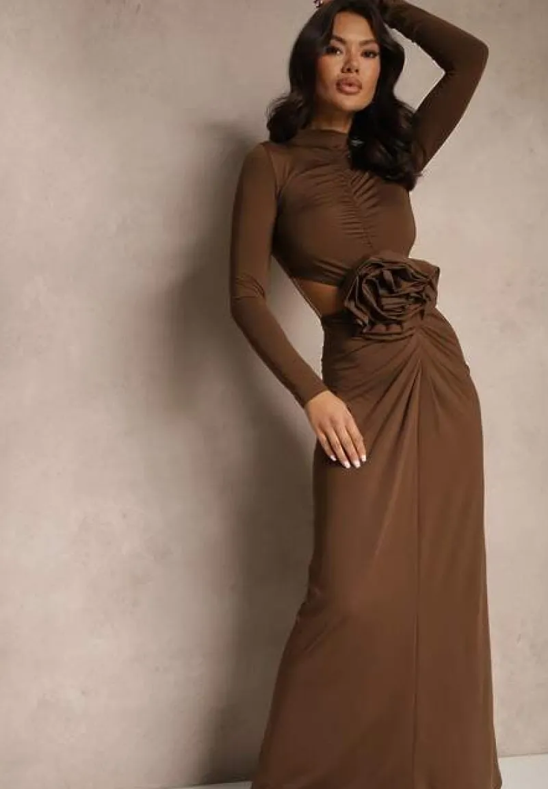 Brązowa Koktajlowa Sukienka z Wiskozą Ozdobiona Kwiatem 3D i Wycięciami Hannith