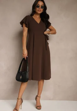 Brązowa Kopertowa Sukienka z Rozkloszowanym Dołem i Ozdobnym Wiązaniem Dannola