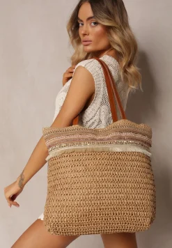 Brązowa Pleciona Duża Torebka Ozdobiona Frędzlami Rivarasia