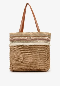 Brązowa Pleciona Duża Torebka Ozdobiona Frędzlami Rivarasia