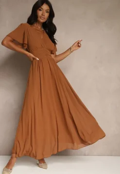 Brązowa Rozkloszowana Sukienka z Kopertowym Dekoltem Obillis