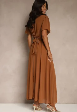 Brązowa Rozkloszowana Sukienka z Kopertowym Dekoltem Obillis