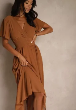 Brązowa Rozkloszowana Sukienka z Kopertowym Dekoltem Obillis