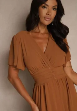 Brązowa Rozkloszowana Sukienka z Kopertowym Dekoltem Obillis