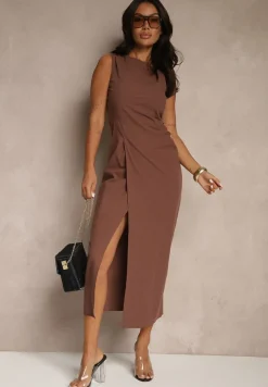 Brązowa Sukienka Dopasowana z Bawełny i Wiskozy z Rozcięciem Tunaria