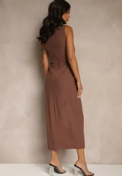 Brązowa Sukienka Dopasowana z Bawełny i Wiskozy z Rozcięciem Tunaria