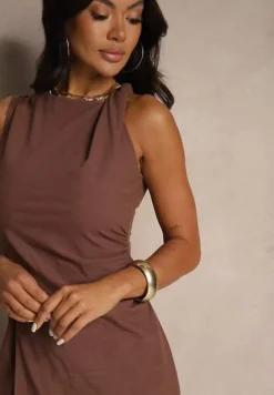 Brązowa Sukienka Dopasowana z Bawełny i Wiskozy z Rozcięciem Tunaria