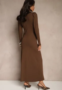 Brązowa Sukienka Koktajlowa z Dekoracyjnym Marszczeniem i Rozcięciem Zaivenne