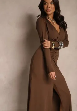 Brązowa Sukienka Koktajlowa z Dekoracyjnym Marszczeniem i Rozcięciem Zaivenne