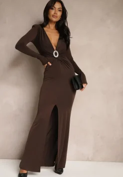 Brązowa Sukienka Koktajlowa z Metaliczną Ozdobą i Marszczeniem Emivirama