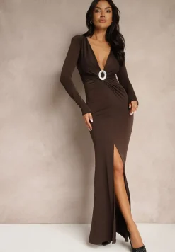 Brązowa Sukienka Koktajlowa z Metaliczną Ozdobą i Marszczeniem Emivirama