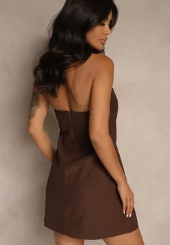 Brązowa Sukienka o Rozkloszowanym Kroju na Szyję Atalanne