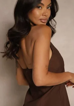 Brązowa Sukienka o Rozkloszowanym Kroju na Szyję Atalanne