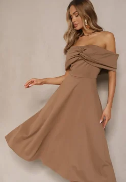 Brązowa Sukienka Rozkloszowana Ozdobiona Kokardą Odarra