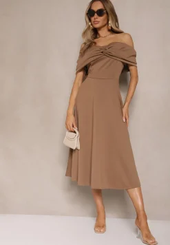 Brązowa Sukienka Rozkloszowana Ozdobiona Kokardą Odarra