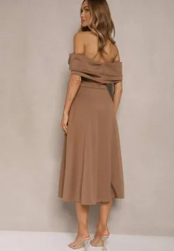 Brązowa Sukienka Rozkloszowana Ozdobiona Kokardą Odarra