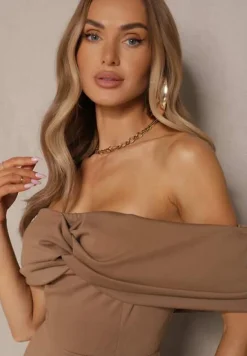 Brązowa Sukienka Rozkloszowana Ozdobiona Kokardą Odarra