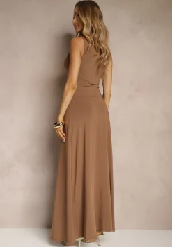 Brązowa Sukienka z Dopasowaną Górą i Rozkloszowanym Dołem Bez Rękawów Aspafle