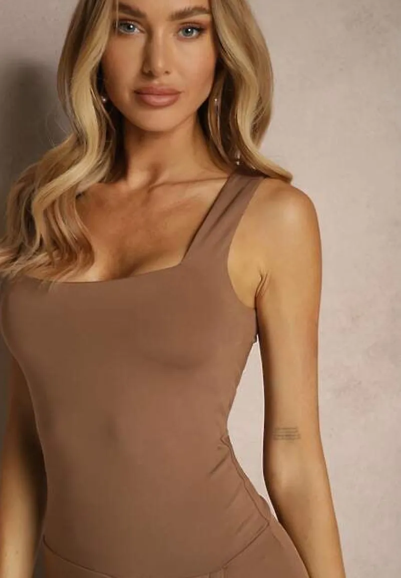 Brązowa Sukienka z Dopasowaną Górą i Rozkloszowanym Dołem Bez Rękawów Aspafle