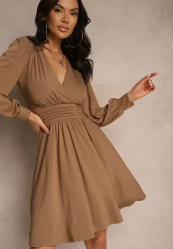 Brązowa Sukienka z Wiskozą o Rozkloszowanym Kroju Selaitea
