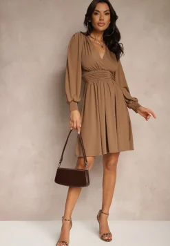 Brązowa Sukienka z Wiskozą o Rozkloszowanym Kroju Selaitea