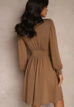 Brązowa Sukienka z Wiskozą o Rozkloszowanym Kroju Selaitea