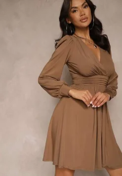 Brązowa Sukienka z Wiskozą o Rozkloszowanym Kroju Selaitea