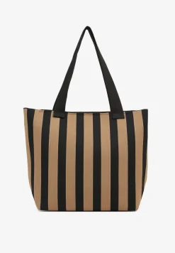 Brązowa Torebka Shopperka z Suwakiem w Paski Saloniela