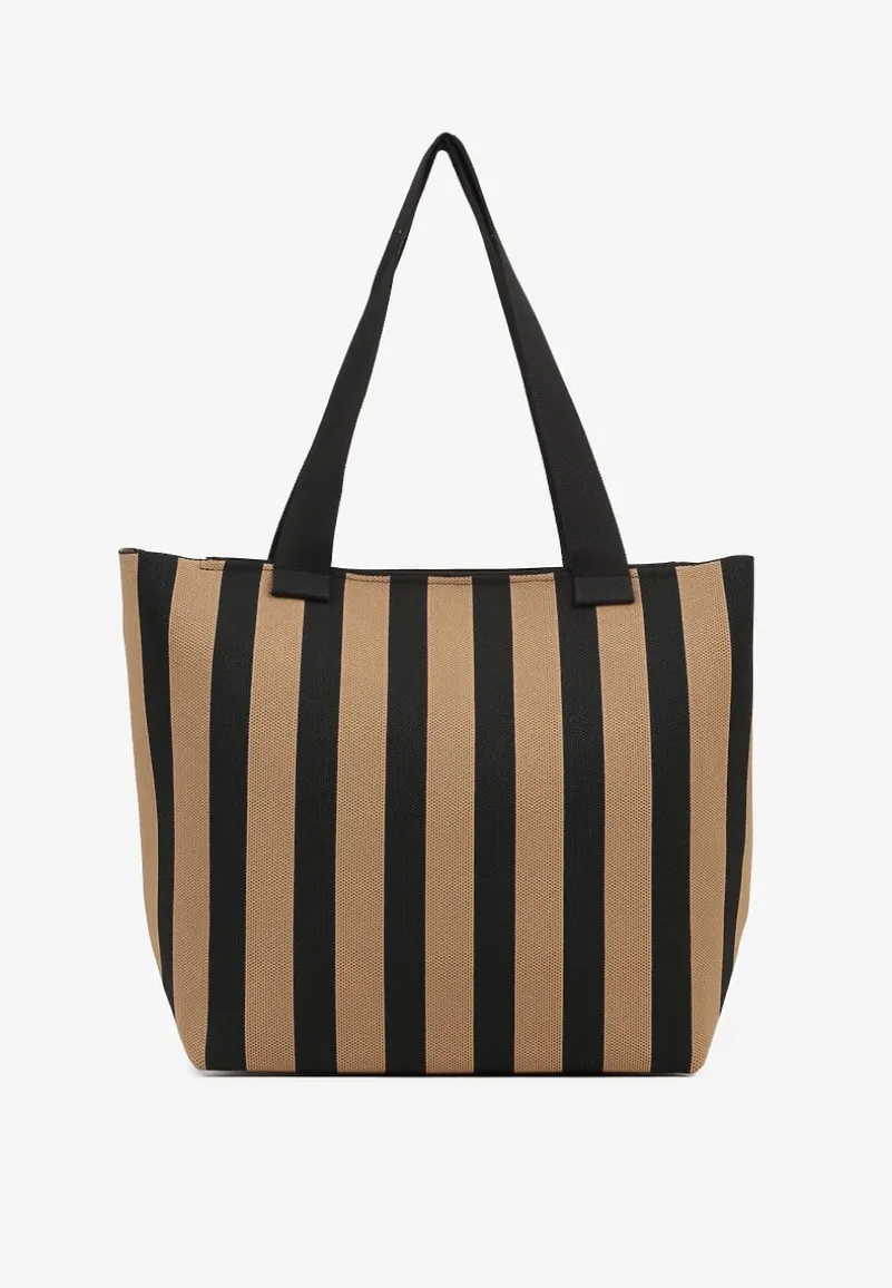 Brązowa Torebka Shopperka z Suwakiem w Paski Saloniela