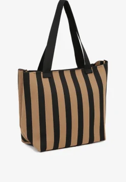 Brązowa Torebka Shopperka z Suwakiem w Paski Saloniela