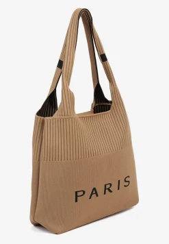 Brązowa Trapezowa Torebka Typu Shopper z Ozdobnym Napisem Salirenia