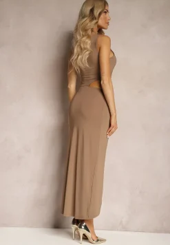 Brązowa Wieczorowa Sukienka na Jedno Ramię z Wycięciem Ozdobiona Metalową Klamrą Xanlea